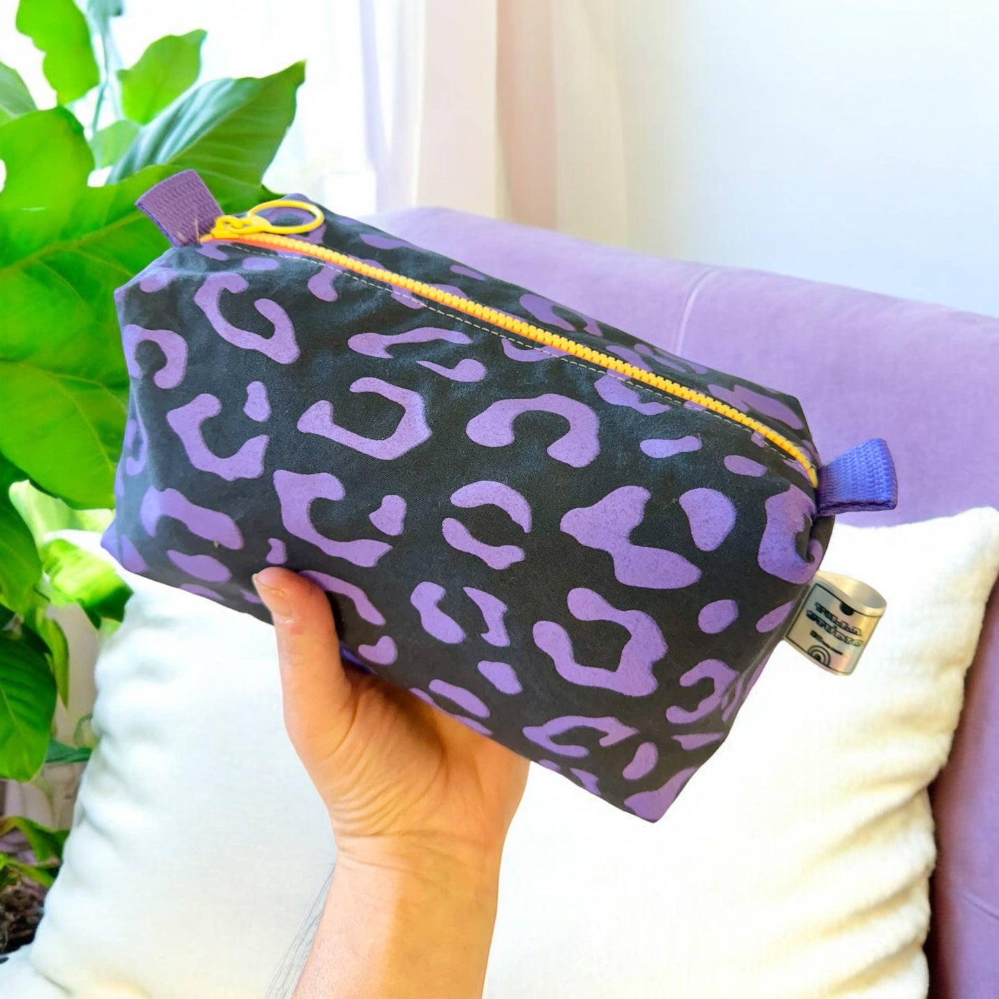 Handprinted Boxy pouch Lilac and Mustard Leopard Print