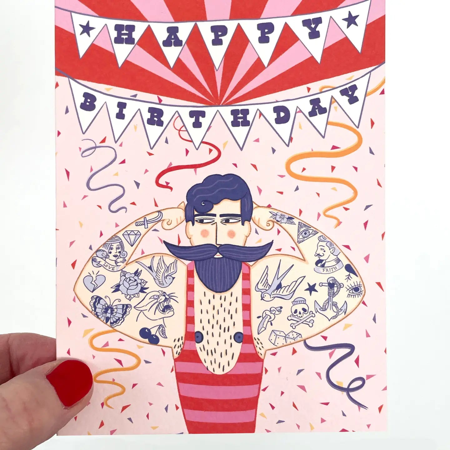 Close-up of Circus Strongman Birthday Card, showing Perlino Cotton texture and Su Owen's illustration detail.