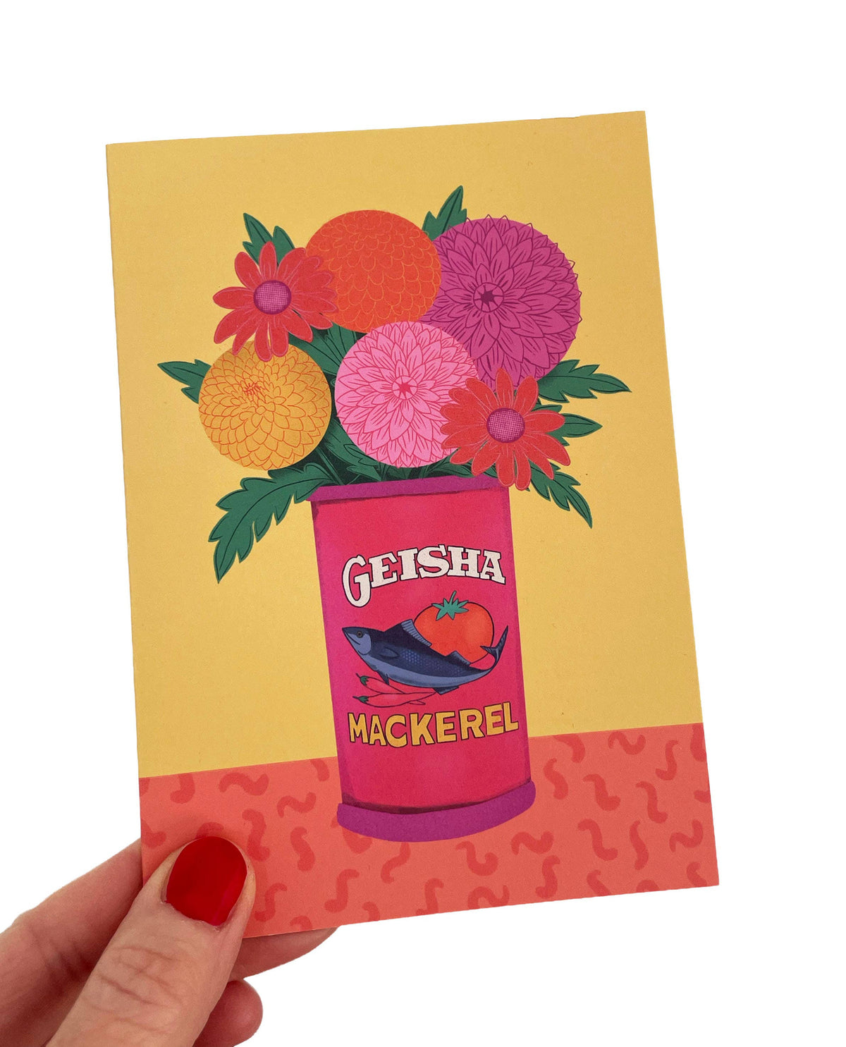Close up of floral dahlia illustration on vintage tin greetings card