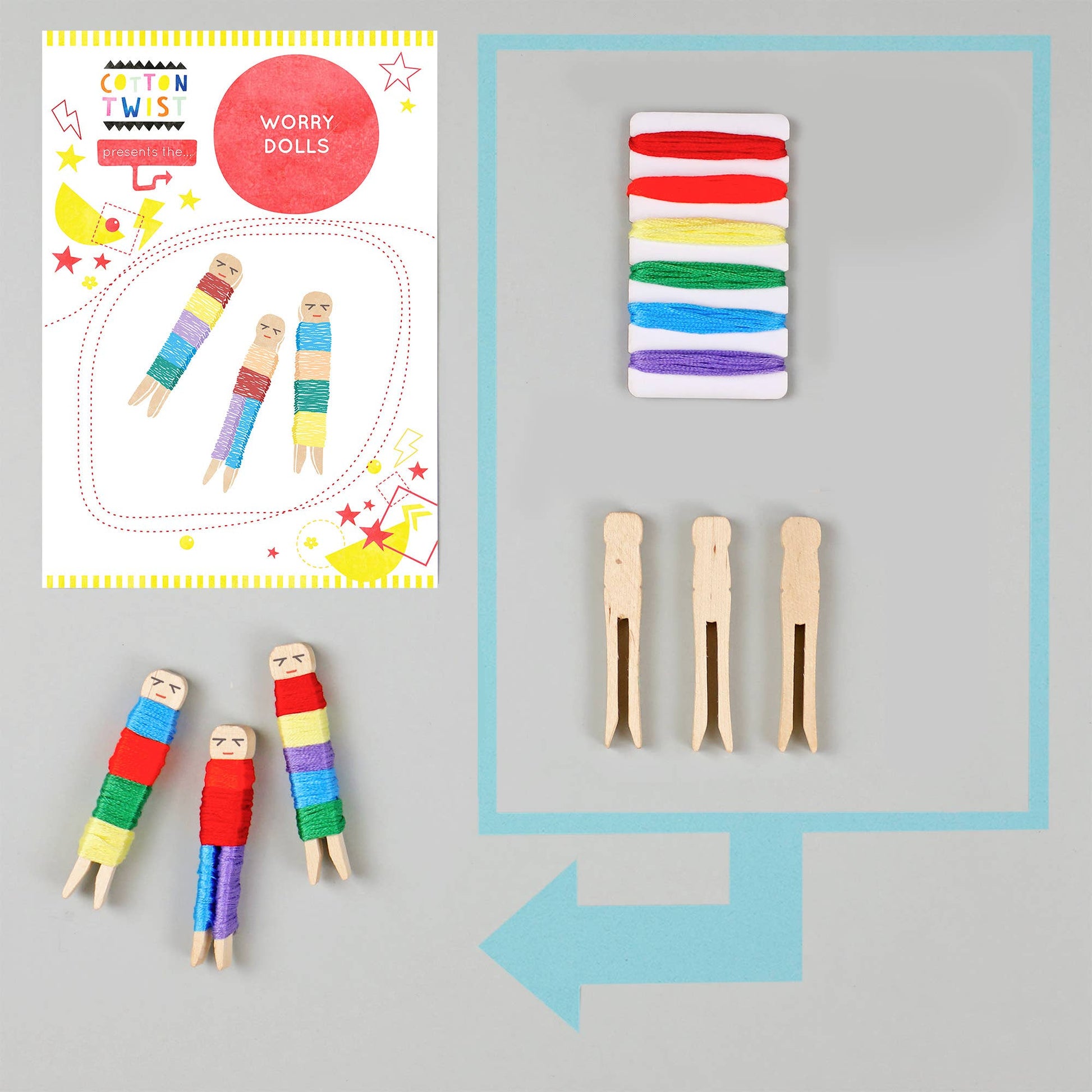 Cotton Twist Make Your Own Worry Dolls Kit with wooden pegs, cotton threads, and glue dots