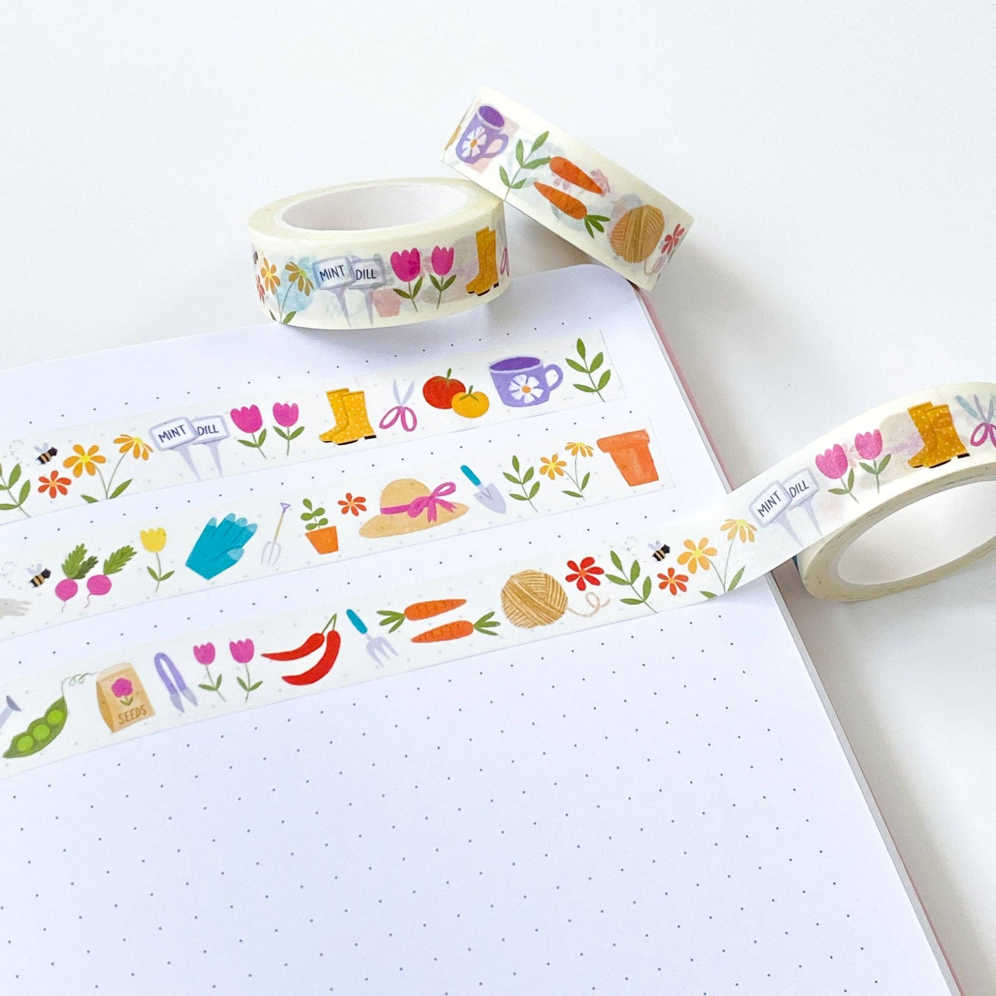 This washi tape features everything to do with gardening with illustrations on a cream background. Ten metres of tape.