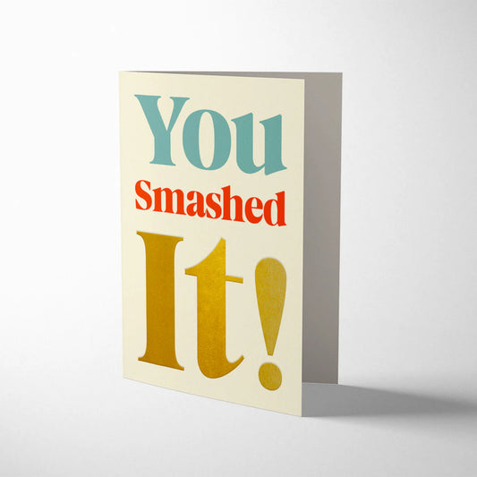 "You Smashed It" congratulations card by 1973, gold foil letterpress printed with kraft envelope, size 108mm by 140mm.