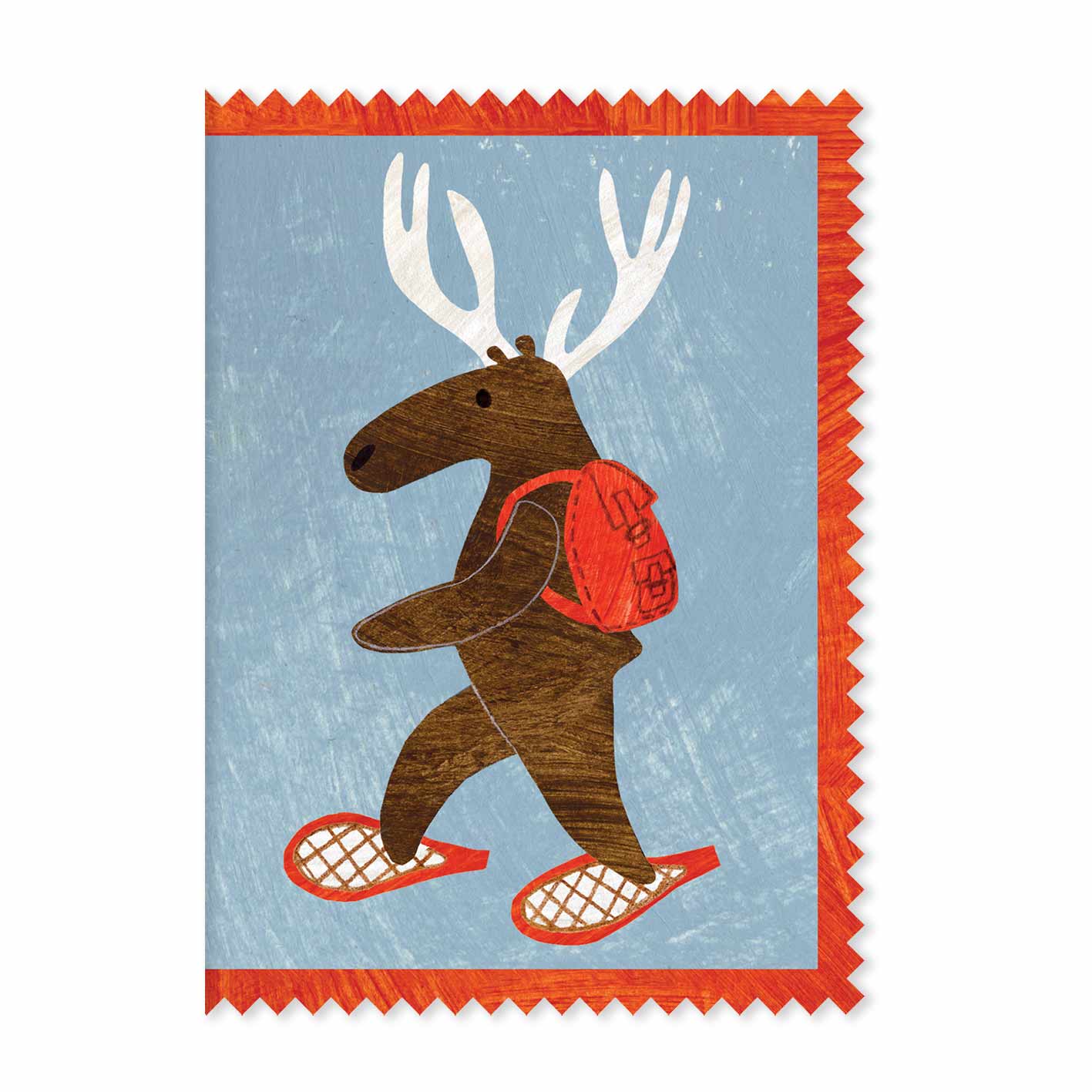 Snowshoeing deer shaped Christmas card, front view, eco-friendly