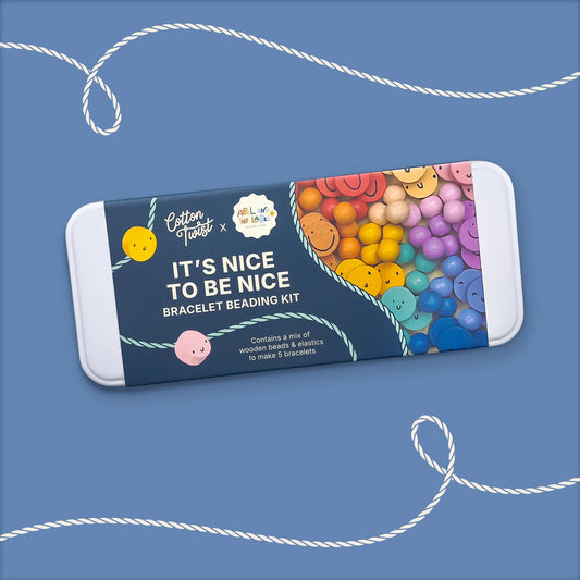 It's Nice To Be Nice bracelet kit for kids, plastic free, with smiley face wooden beads