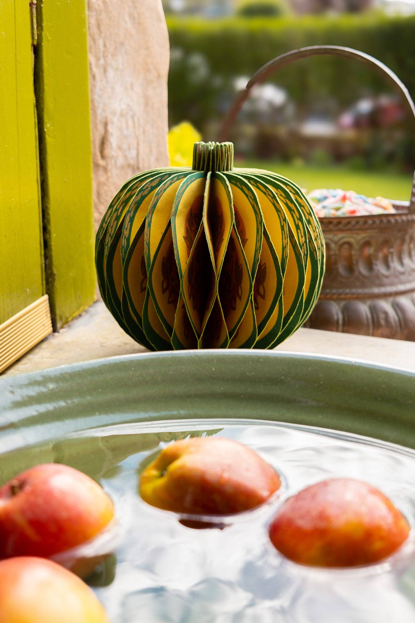 Recycled cotton paper gourd honeycomb decoration with cotton hanging loop, eco-friendly ornament.