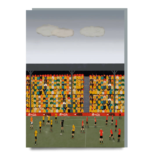 Kick Off greeting card by Not at all Jack with football match and colourful stadium illustration.