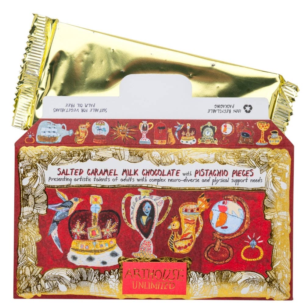 Close up of Salted Caramel Milk Chocolate with Pistachio Pieces