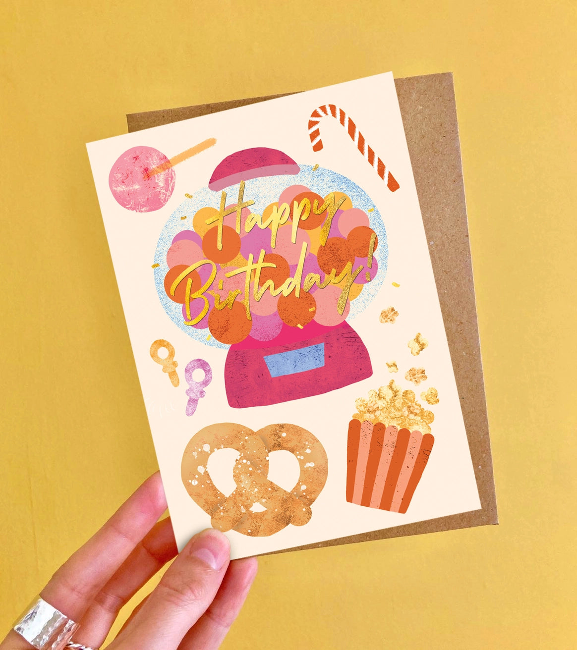 Birthday card with candy-themed illustrations by Emily Nash. Made in the UK.