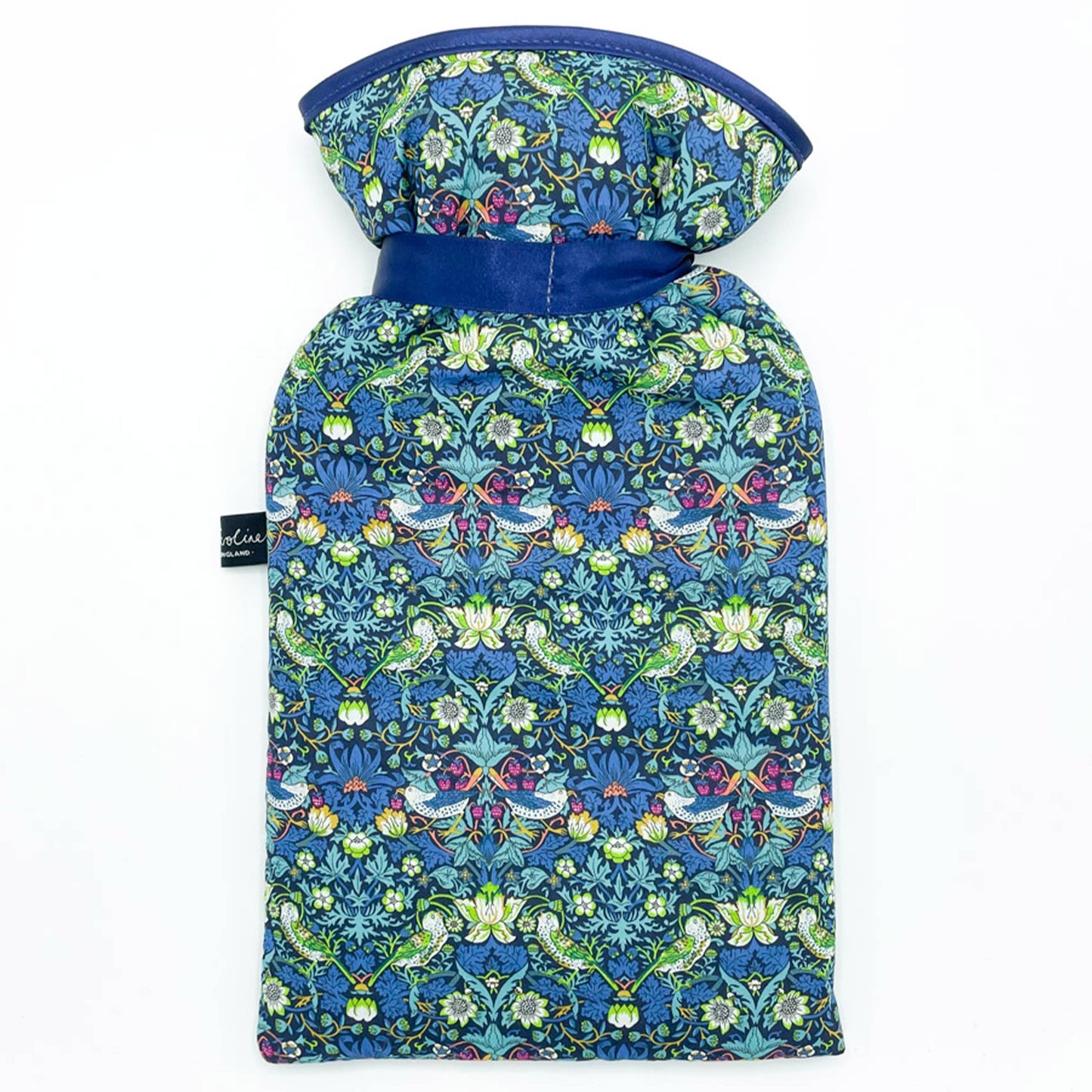 Liberty hot water bottle showing navy satin drawstring and soft fleece lining detail