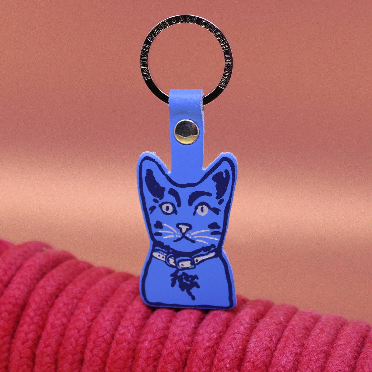 Gold plated ring detail on tabby cat leather key fob