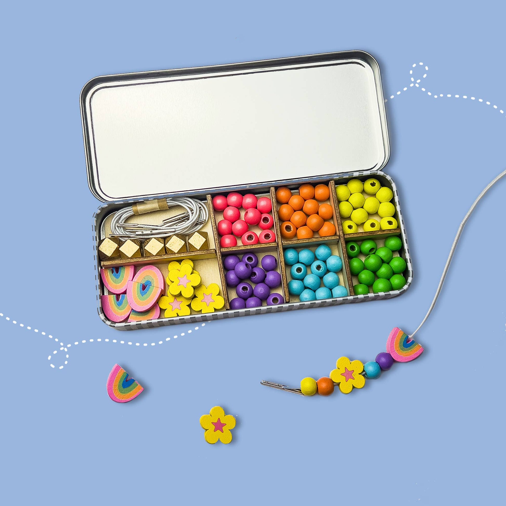Cotton Twist Rainbow Wooden Bracelet Kit with colourful beads & elastic in reusable tin