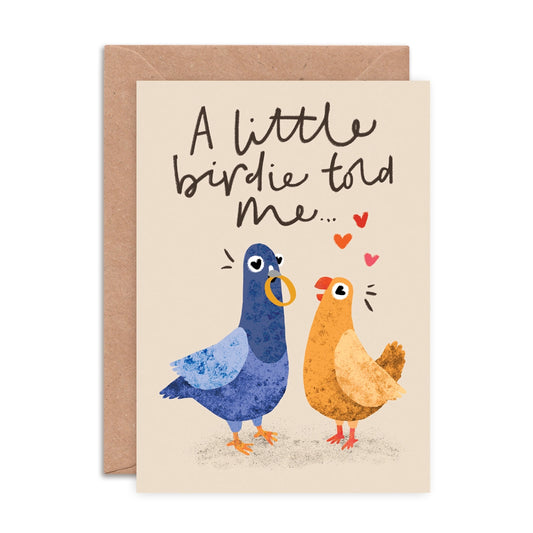 Colourful A6 engagement card featuring a bird illustration and ‘A Little Birdie Told Me’ message by Emily Nash, printed on sustainably certified matte card with recycled kraft envelope.