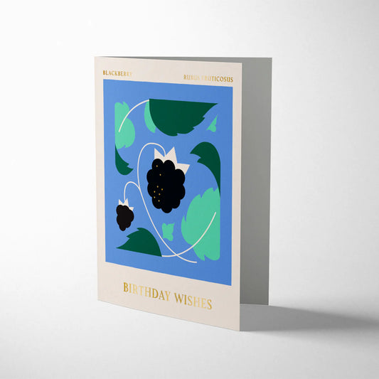 Darling Clementine Spitalfields Market Blackberry Birthday Wishes card, litho printed with Pantone inks and gold foiling, cream envelope, size 108mm x 140mm.