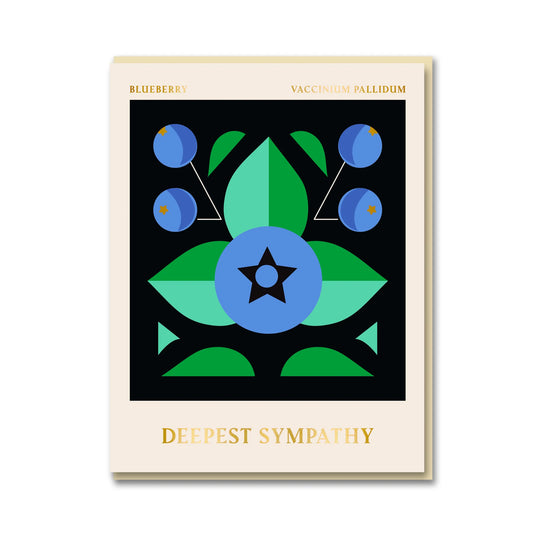 Blueberry Deepest Sympathy greeting card by Darling Clementine, litho printed on sustainably certified paper with gold foil detail, cream envelope, size 108mm x 140mm.