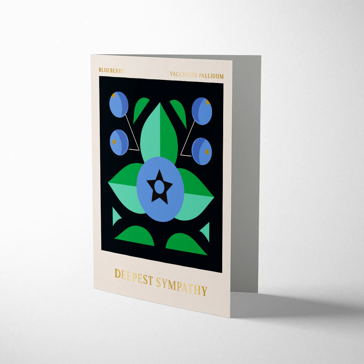 Blueberry Deepest Sympathy greeting card by Darling Clementine, litho printed on sustainably certified paper with gold foil detail, cream envelope, size 108mm x 140mm.