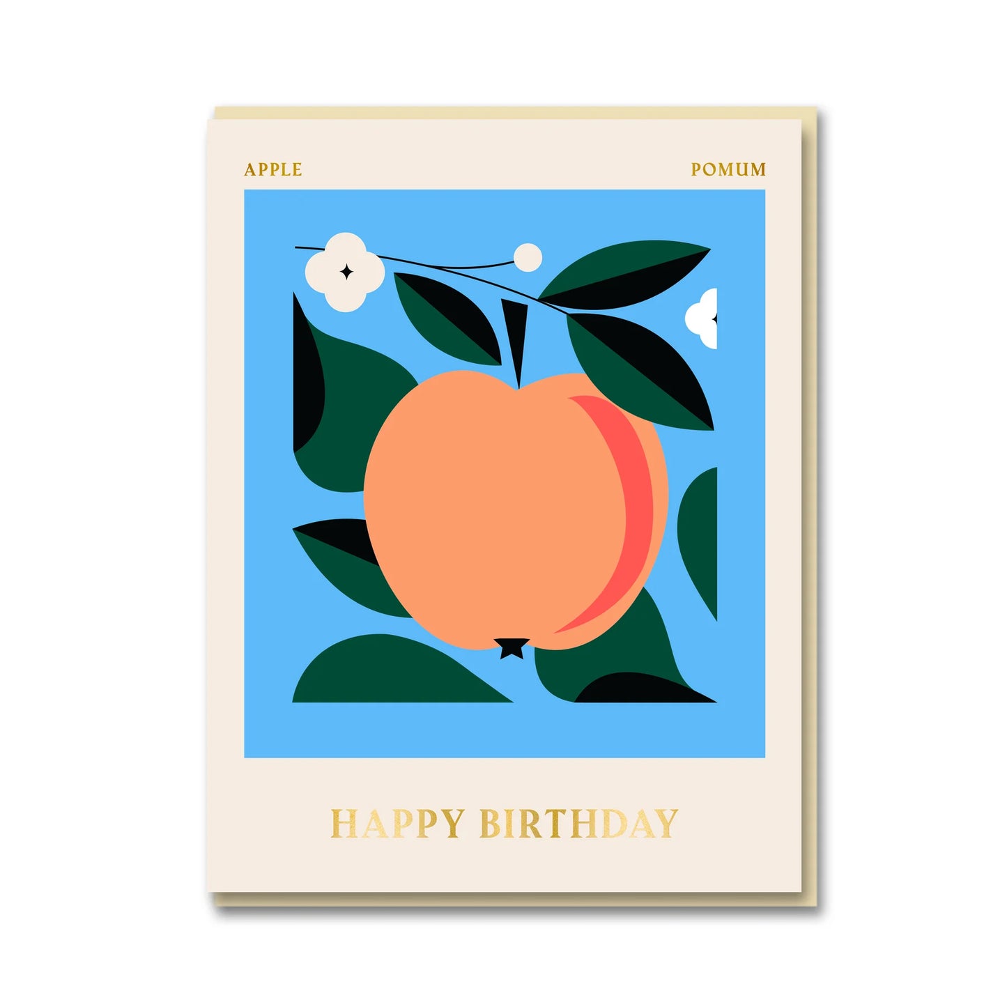 Spitalfields Market Apple Happy Birthday card by Darling Clementine, litho printed with Pantone inks and gold foiling, cream envelope, size 108mm x 140mm.