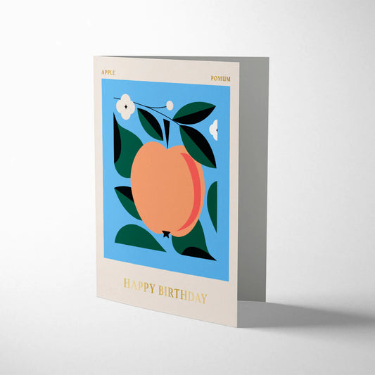 Spitalfields Market Apple Happy Birthday card by Darling Clementine, litho printed with Pantone inks and gold foiling, cream envelope, size 108mm x 140mm.