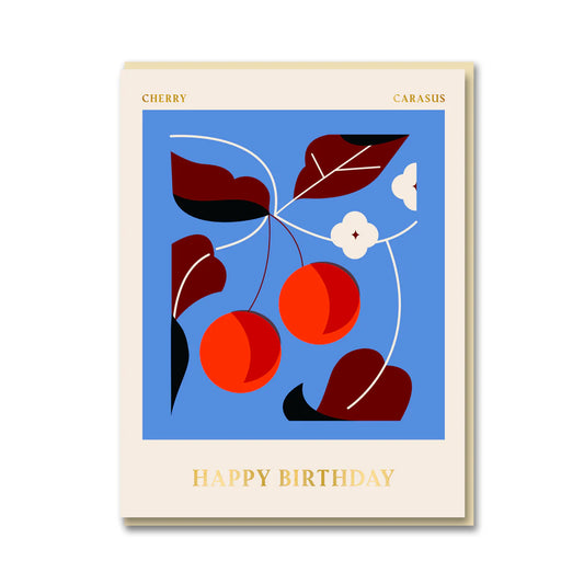 Sustainably certified Darling Clementine Cherry Happy Birthday card with gold foiling and cream envelope