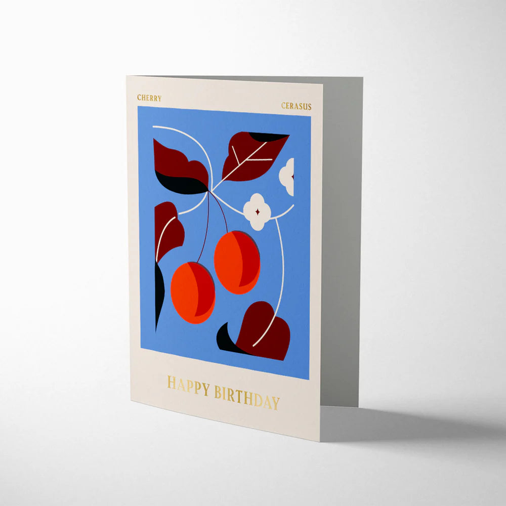 Sustainably certified Darling Clementine Cherry Happy Birthday card with gold foiling and cream envelope