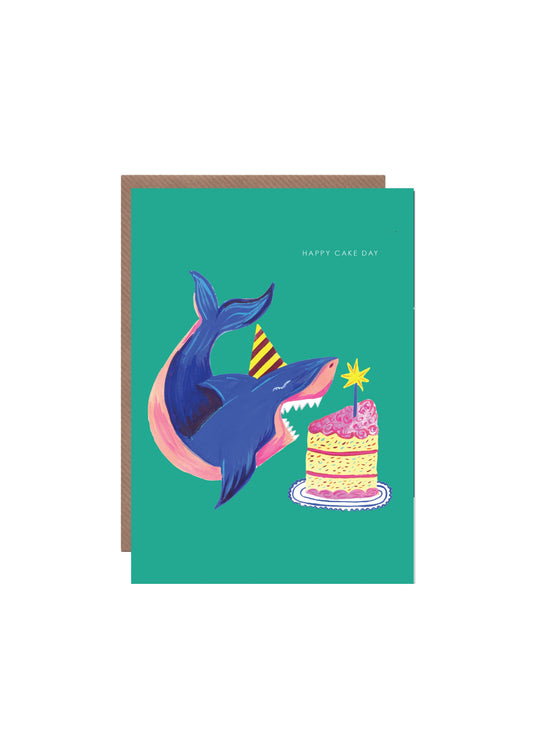 Shark and Cake Birthday Card with Happy Cake Day text