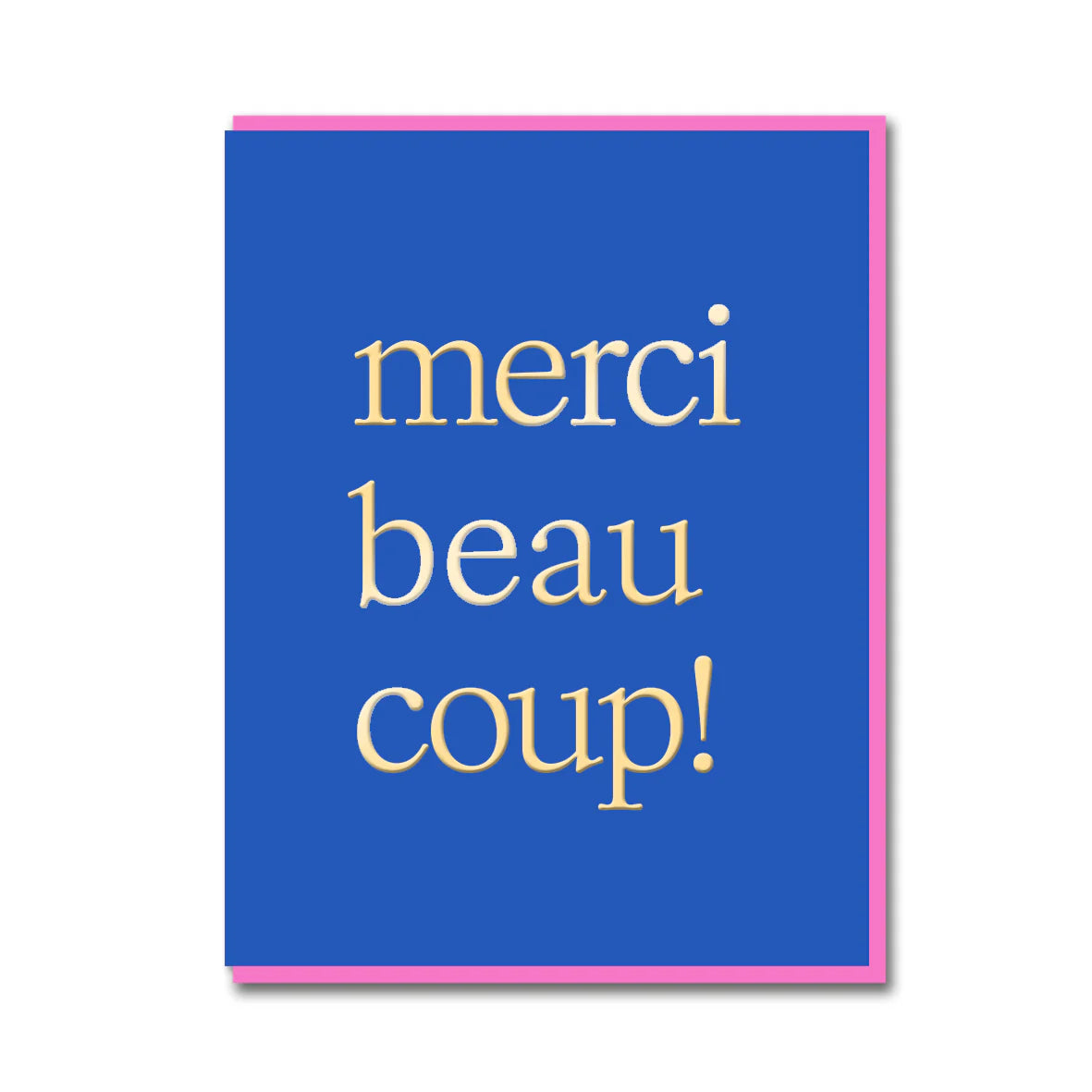 Blue card with gold text 'merci beau coup!' on a white background