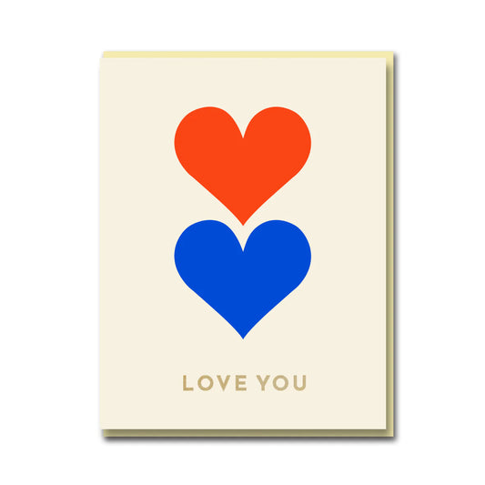 Sparkle & Spin Love You Hearts greeting card by Darling Clementine, litho printed on indigo board with gold foil details, cream envelope, size 108mm x 140mm.