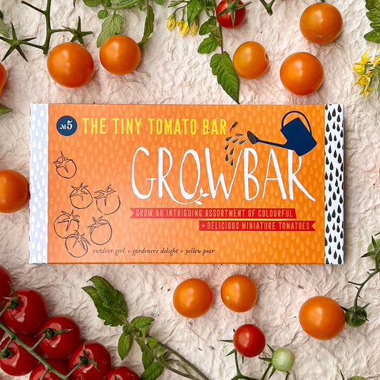 Tiny Tomato Growbar kit with compressed coir bar, Sweetie, Gardener’s Delight, and Yellow Pear tomato seeds for home growing.