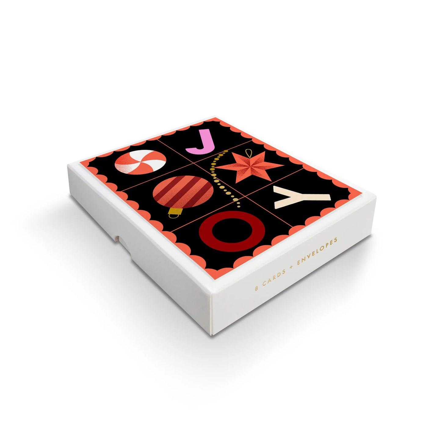 Open box of Darling Clementine Joy Christmas cards showing 8 cards and cream envelopes