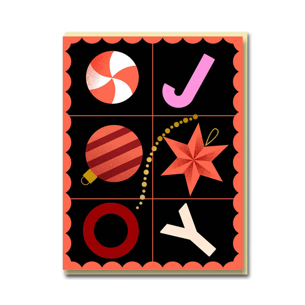 Close-up of Darling Clementine Joy Christmas card with gold foil detail and dove illustration