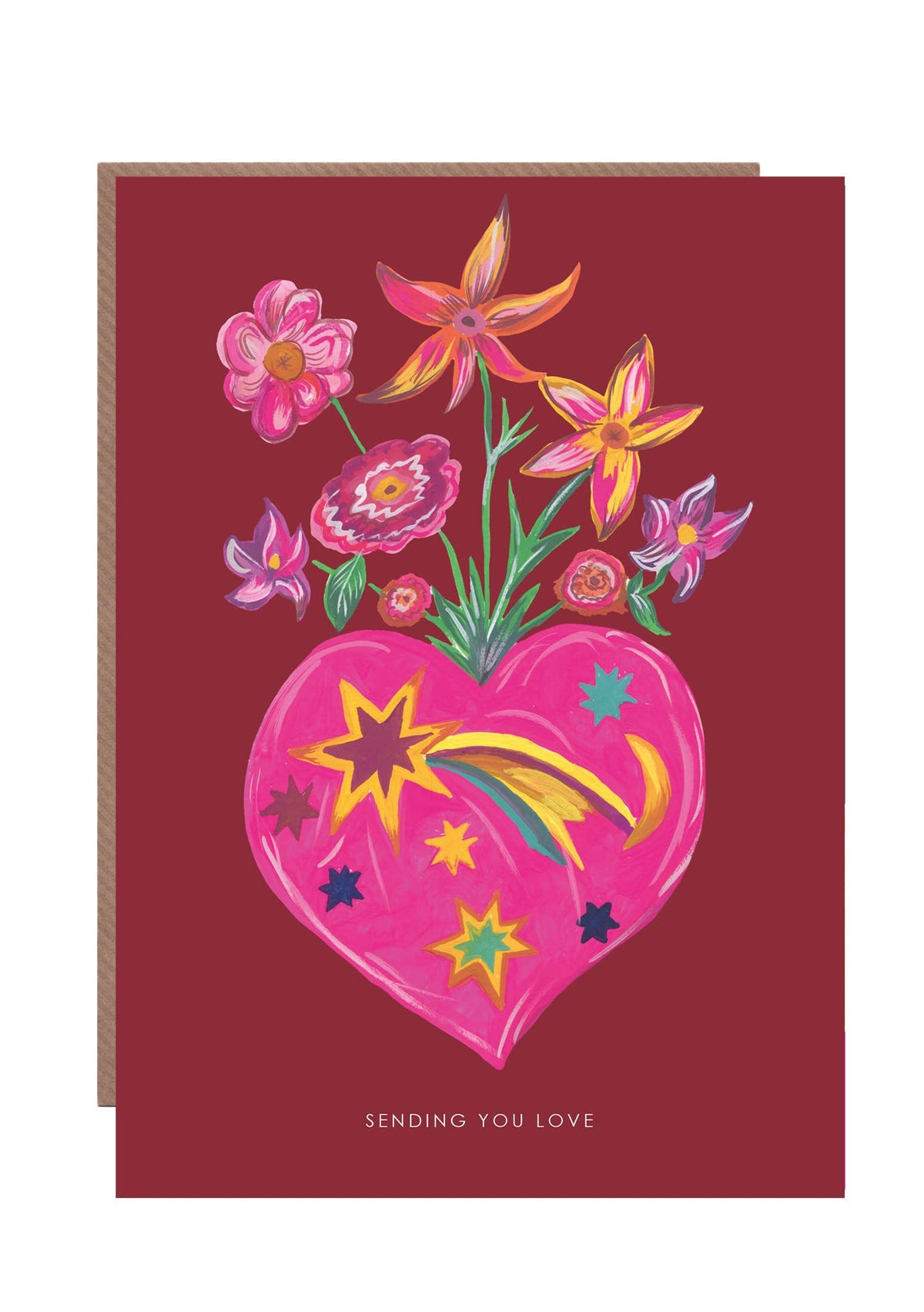 Sending You Love greetings card featuring an illustrated heart-shaped vase filled with colourful flowers