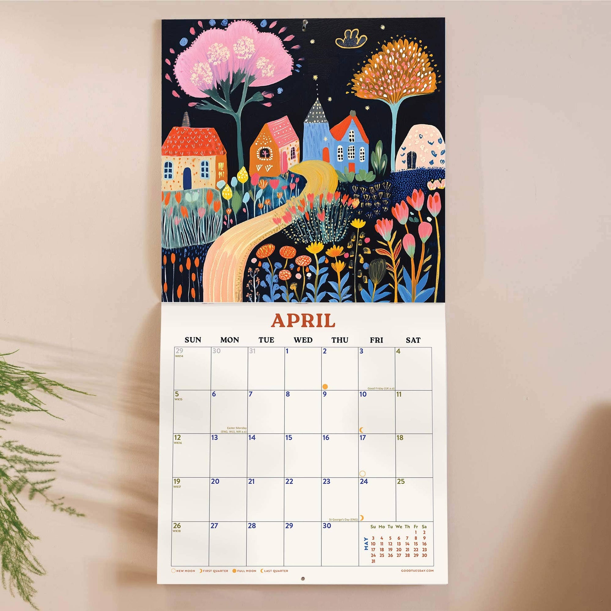 2026 Folk Art Plantscapes Wall Calendar by Good Tuesday—colourful botanical folk art, large grid, recycled paper, UK printed, ready for wall display.