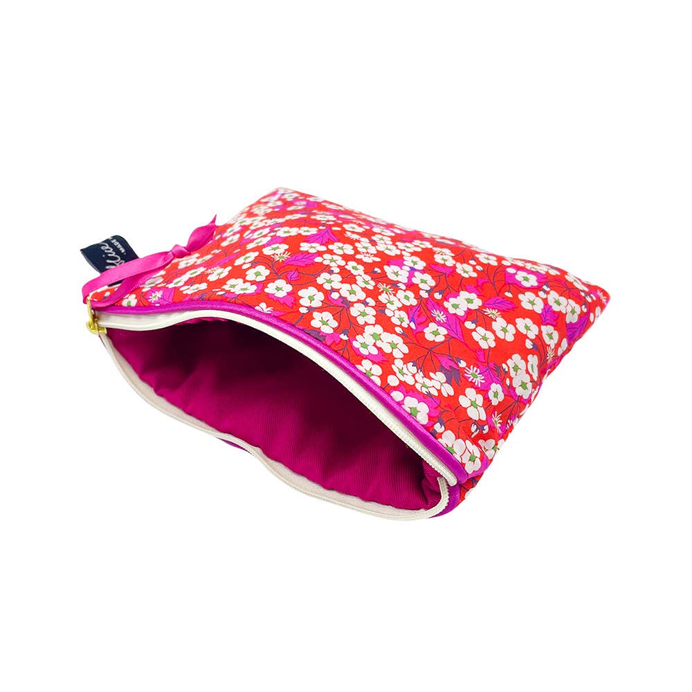 Liberty Travel Pouch padded with Mitsi Chilli Tana Lawn cotton fabric by Alice Caroline with fuchsia satin ribbon zip