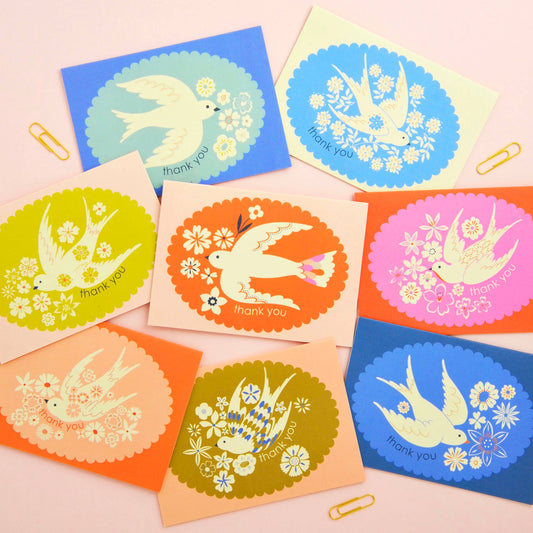 Birds & Borders Thank You Notecard Set, sustainable UK printed stationery