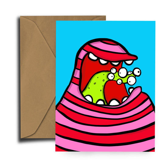 Introducing Dixon Does Doodles' fantastic illustrated world with this playful and colourful monster. Bold pink and red striped monster, with heir mouth open showing a green tongue covered in eye balls. Playful and fun. Against a bright blue backdrop.
