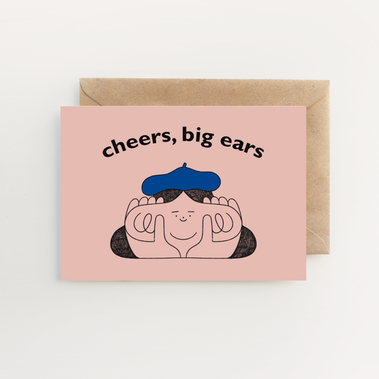 Cheers, Big Ears Greetings Card by Holly Fuller, fun face illustration, sustainably sourced 300gsm plastic-free card with kraft envelope, eco-friendly UK greeting card