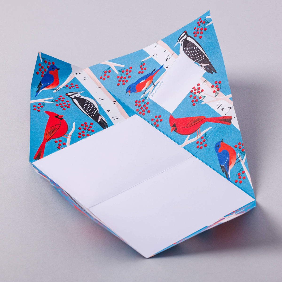 Close up of Indigo Bunting design on Pigeon letter card