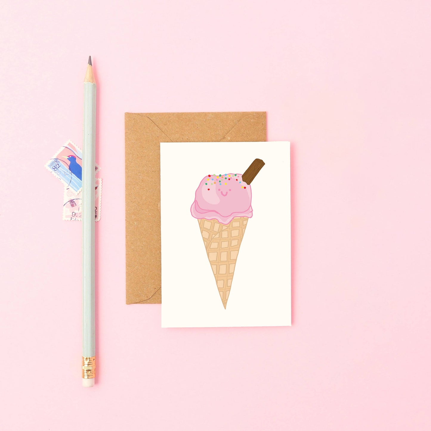 Cute hand-drawn pink ice cream mini birthday card with Kraft envelope