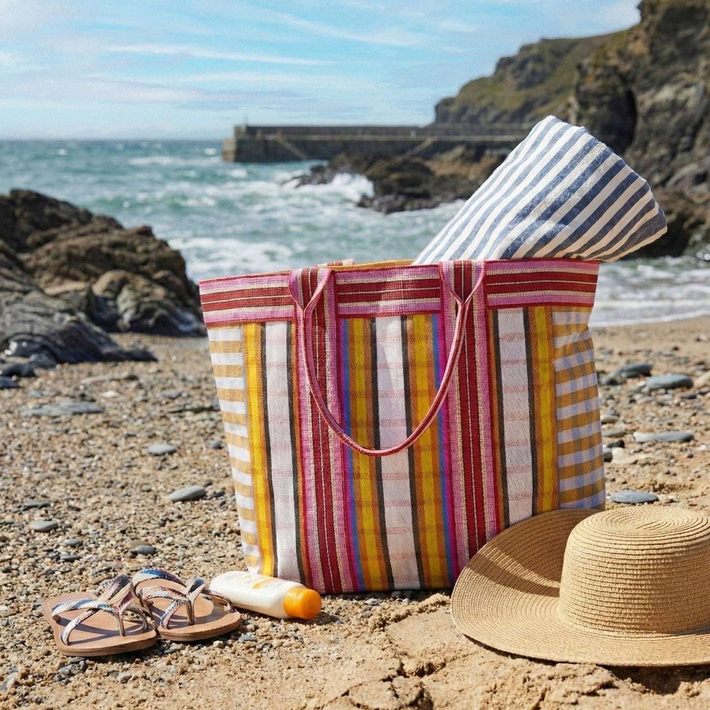 Eco Woven Shopper and Beach Bag in Indian Yellow and Magenta