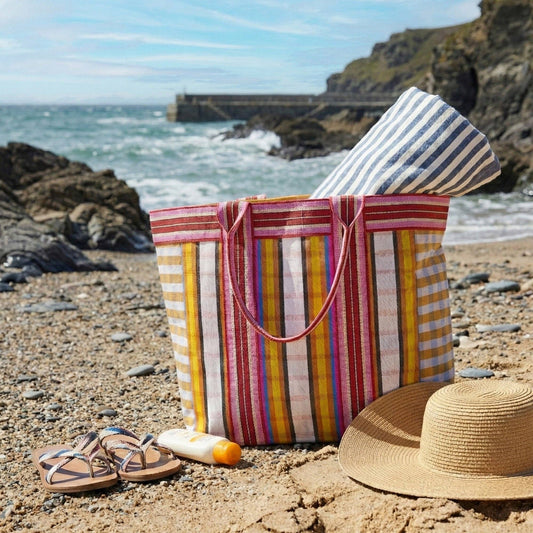 Eco Woven Shopper and Beach Bag in Indian Yellow and Magenta