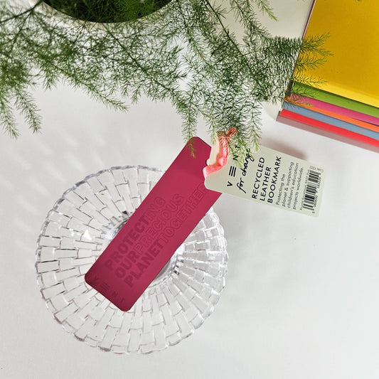 Raspberry pink recycled leather bookmark with matching ribbon