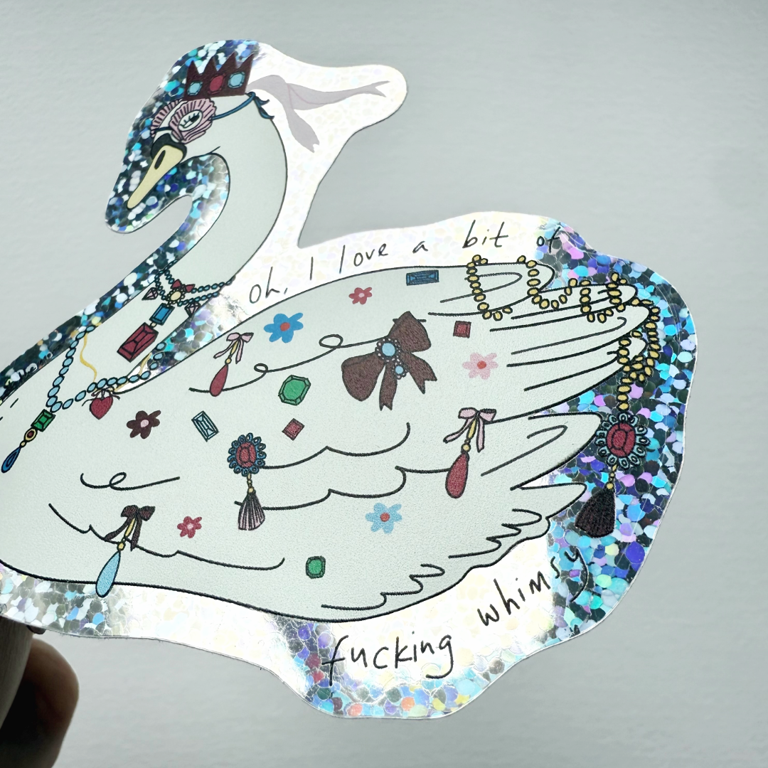 Swan whimsy, glitter vinyl sticker, die cut sticker sparkle