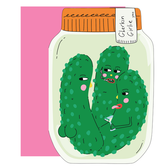 Eat the Moon Gherkin Girlie Die Cut Greeting Card front with playful gherkin design