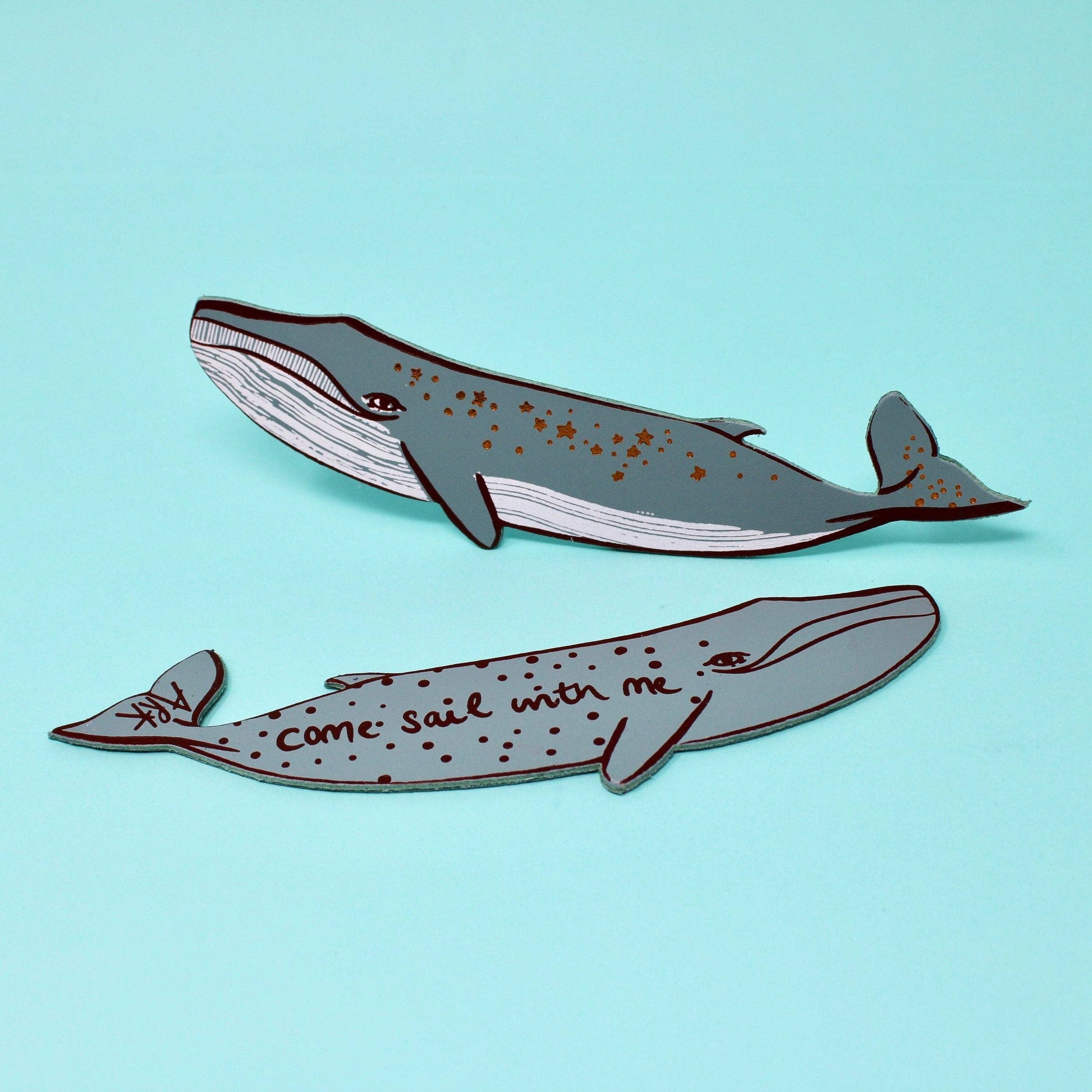 Whale bookmark showing genuine leather texture