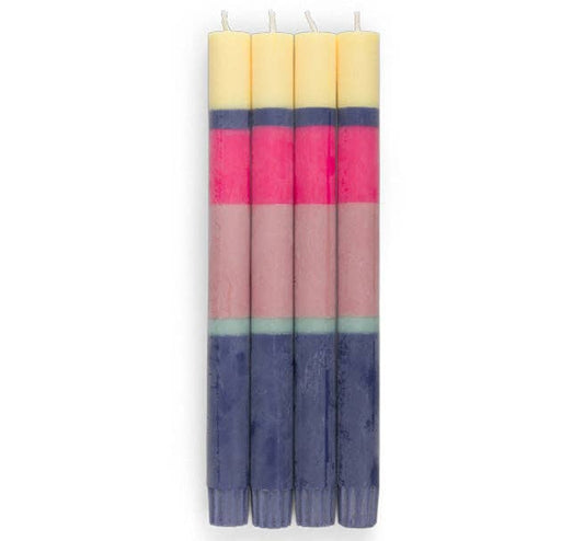 British Colour Standard Striped & Solid Dinner Candles, eco friendly, fair trade, 25cm tall, 8-9 hour burn, drip-free, vibrant colours.