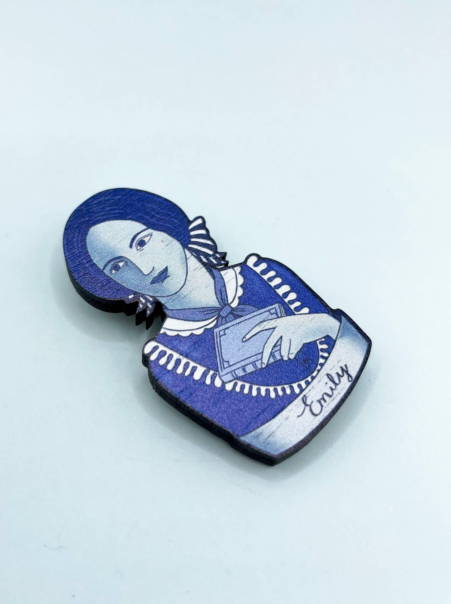 Emily Bronte Wooden Pin Brooch on backing card
