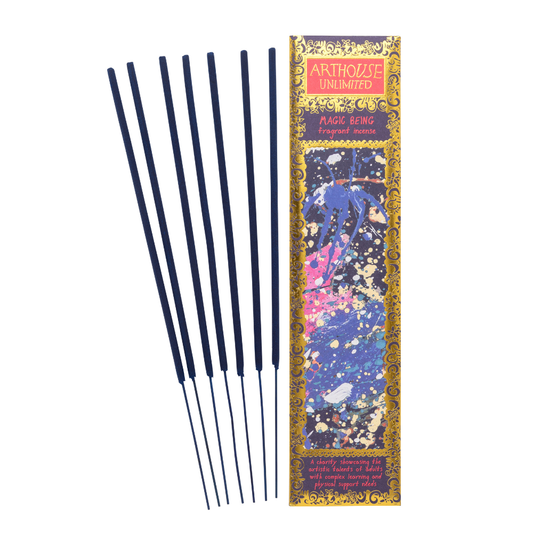 Magic Being incense sticks with black orange, ylang ylang, and cedar fragrance, featuring David Bell’s artwork on recyclable packaging.