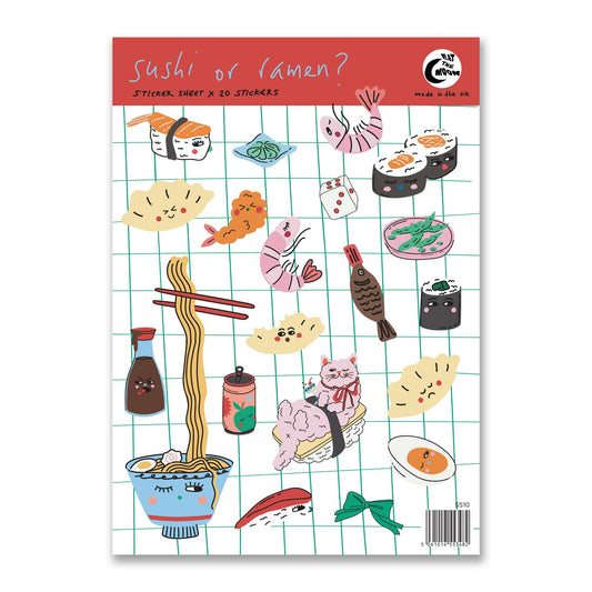 A6 sticker sheet featuring 20 mini Japanese food stickers including sushi and ramen