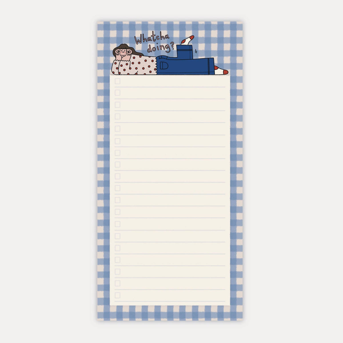 Whatcha Doing? Illustrated To-Do List Pad by Hollie Fuller with nosey character design