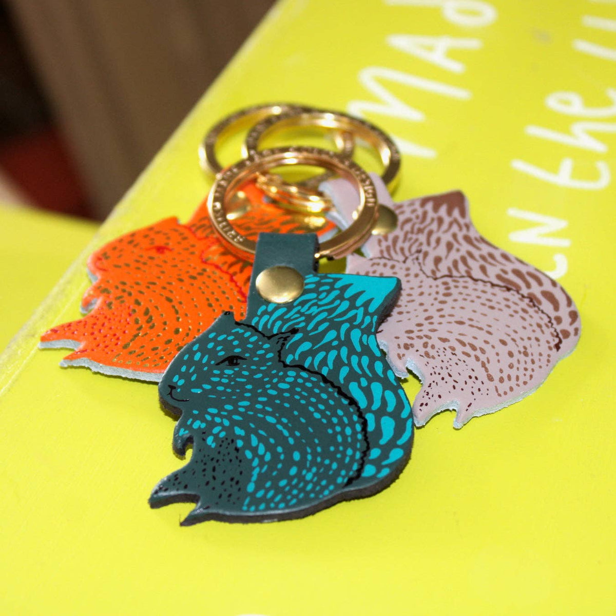 Handcrafted squirrel leather keyring with gold plated split ring
