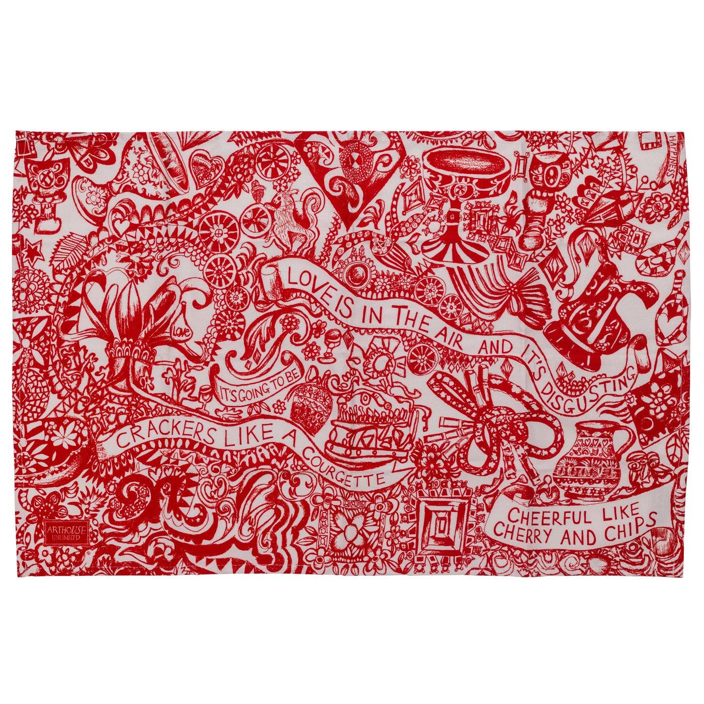 Close-up of the Love Is In The Air tea towel artwork, showcasing intricate details and bright colours.